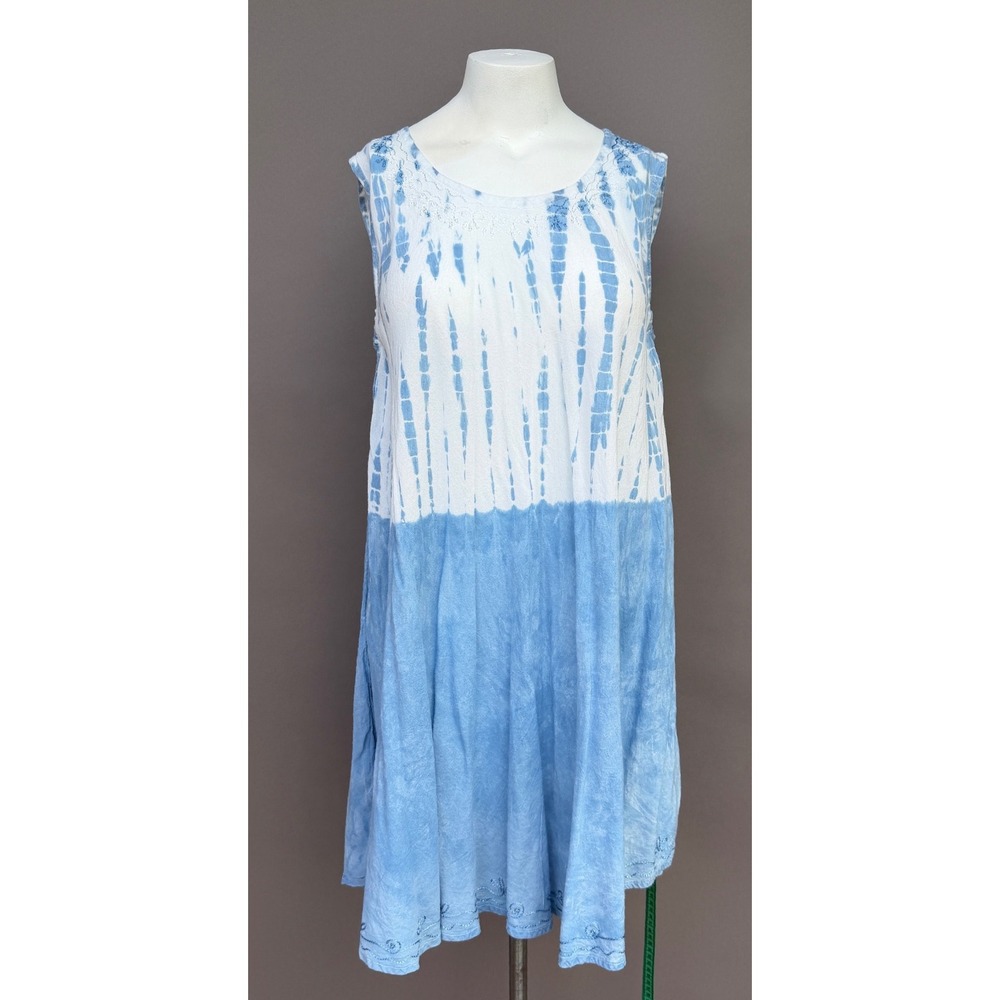 Island Beach Tie Dye Dress L/XL Blue White Embroidered Lyocell Sleeveless Tunic